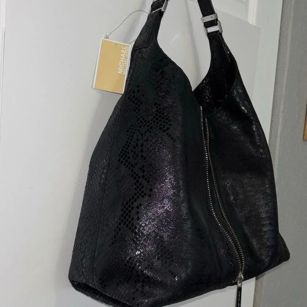 NEW MK Michael Kors Newman python black leather embossed purse bag tote